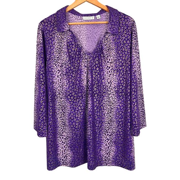 SUSAN GRAVER Womens XL Liquid Knit Purple Gold Metallic Leopard Animal Print Top - Picture 1 of 10